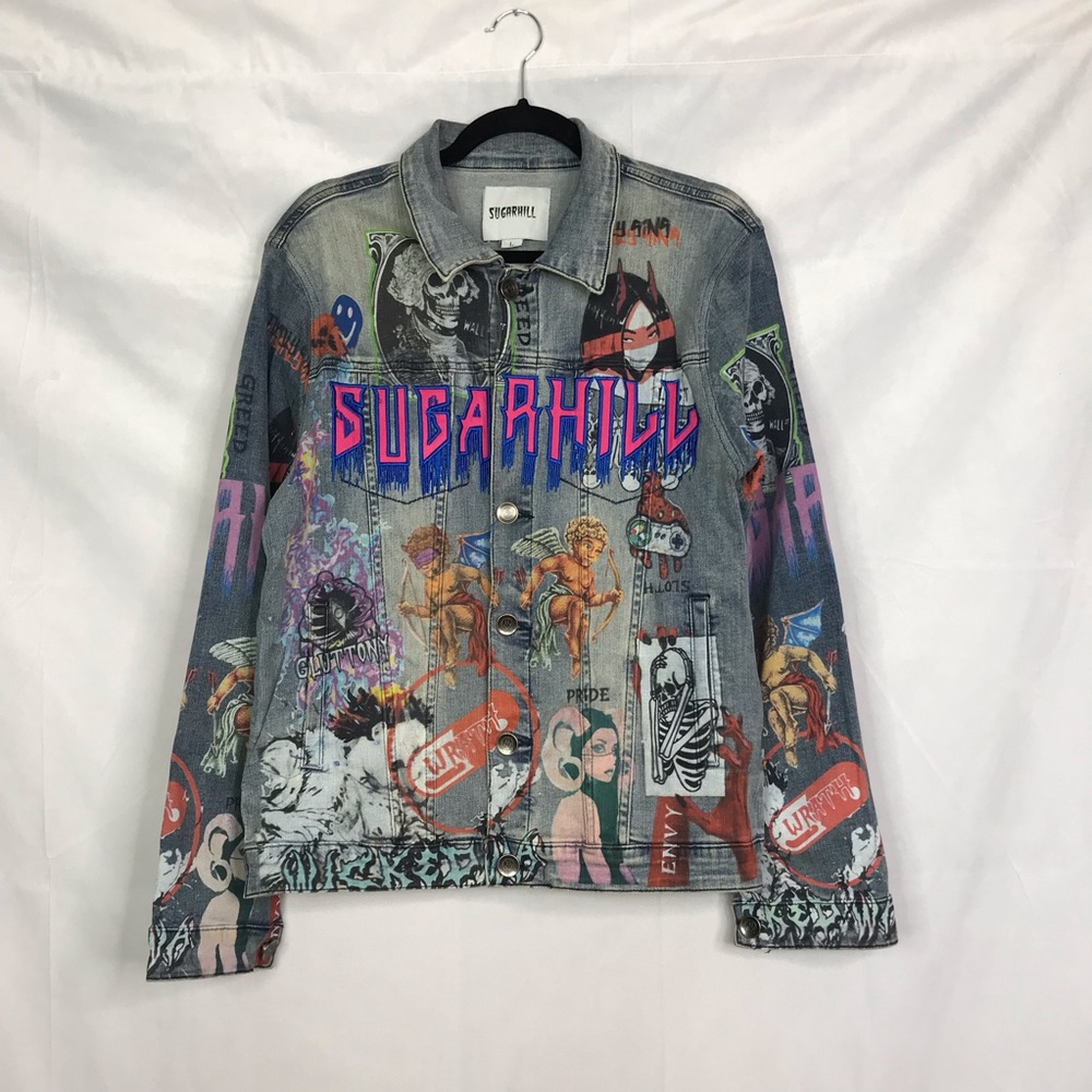 Sugarhill embroidery retro light wash 7 sins printed graphic denim jacket